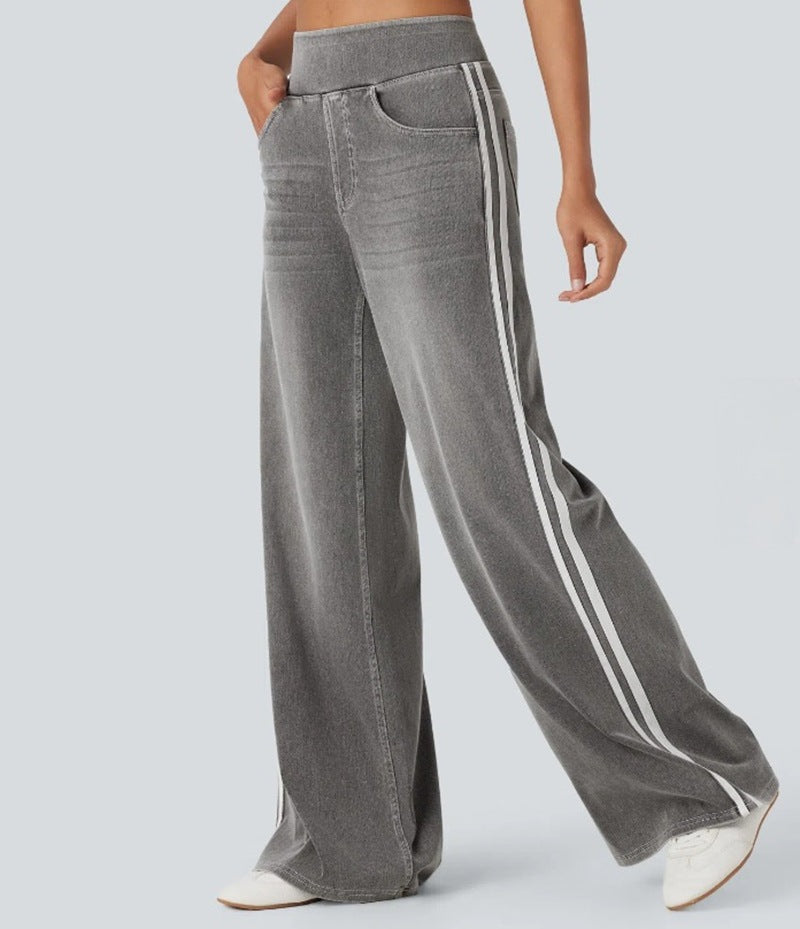 Women's wide sweatpants in denim look with side contrast stripes and comfort waistband Mune Fashion