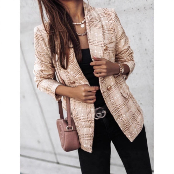 Ladies elegant tweed blazer with double button, textured weave and patch pockets Mune Fashion