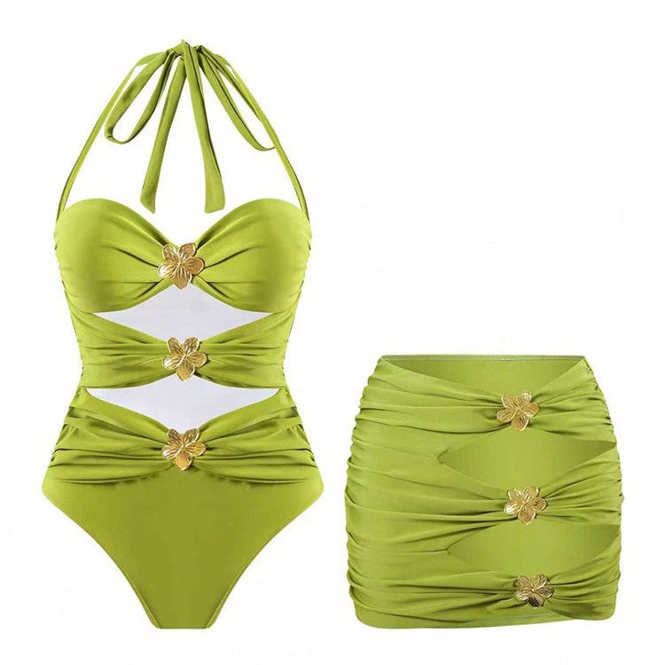 Women's one-piece swimsuit with stylish wrap design and golden accents Mune Fashion