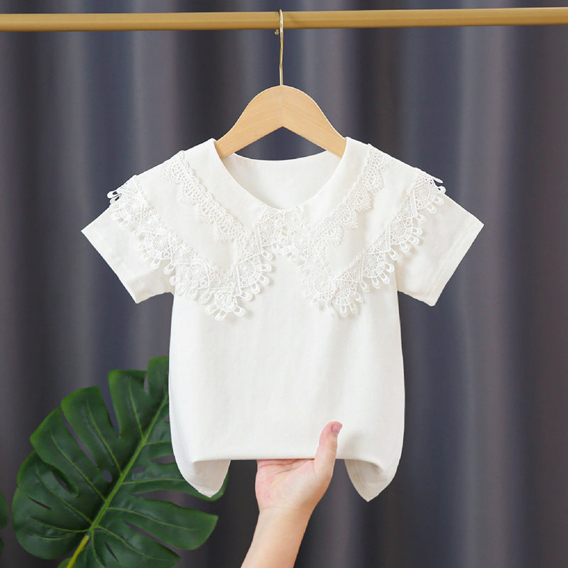 Ladies T-Shirt with Lace Collar Mune Fashion