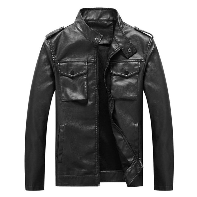 Men's slim artificial leather field blazer with stand-up collar, chest flap pockets, and zipper Mune Fashion