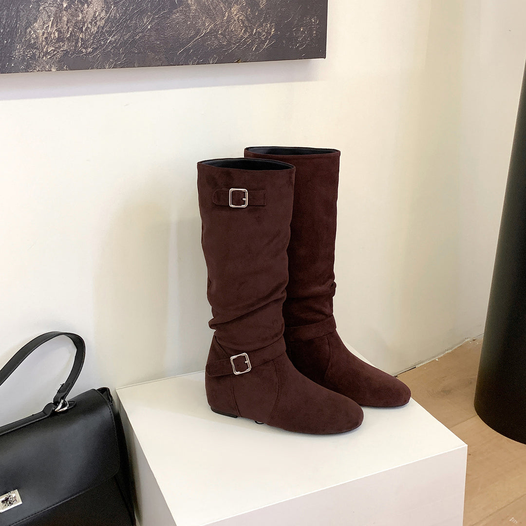 Women's Knee-High Suede Slouch Boots with Adjustable Decorative Straps and Flat Wedge Sole Mune Fashion