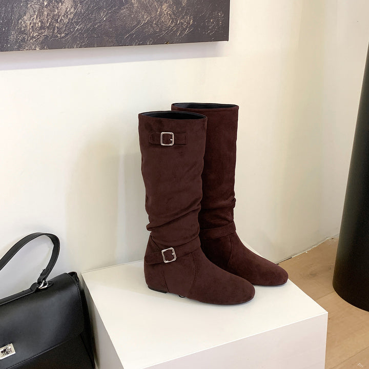 Women's Knee-High Suede Slouch Boots with Adjustable Decorative Straps and Flat Wedge Sole Mune Fashion