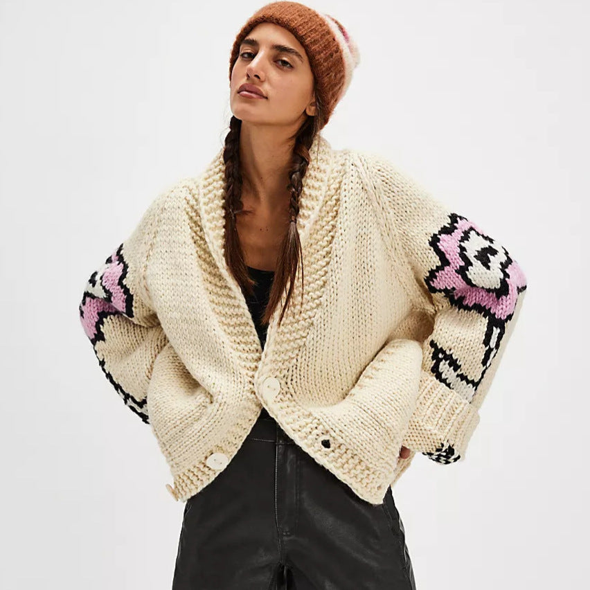 Women Oversized Chunky Knit Cardigan with Shawl Collar, Floral Intarsia & Button Placket Mune Fashion