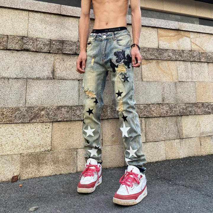 Men's Fashion Destroyed Jeans with Star Applications Mune Fashion