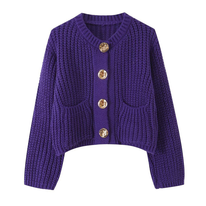 Women Chunky Knit Cropped Cardigan with Decorative Jewelry Buttons and Patch Pockets Mune Fashion