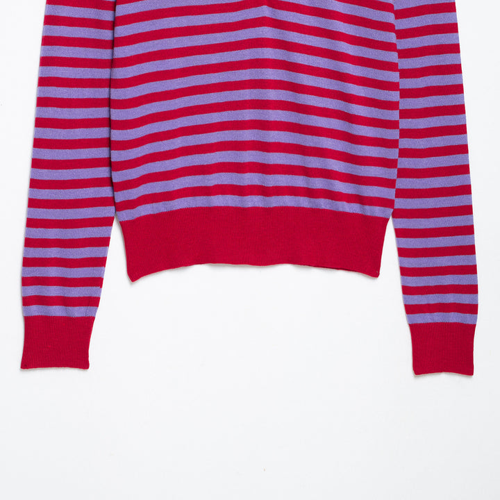 Women's Striped Cropped Polo Cardigan made of Fine Knit with Button Placket Mune Fashion