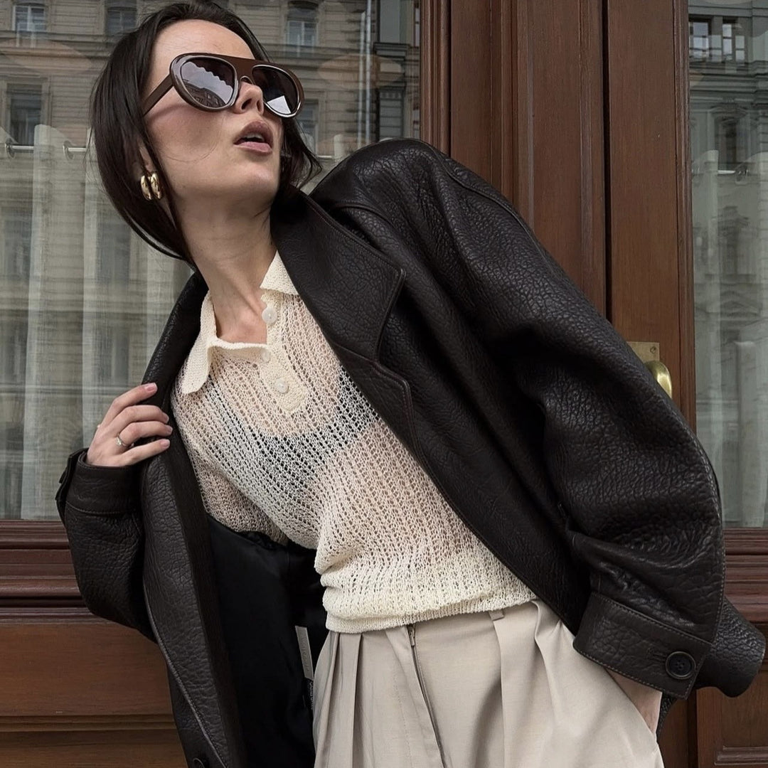 Women's Oversized Leather Look Coat with Textured Surface and Wide Lapels Mune Fashion