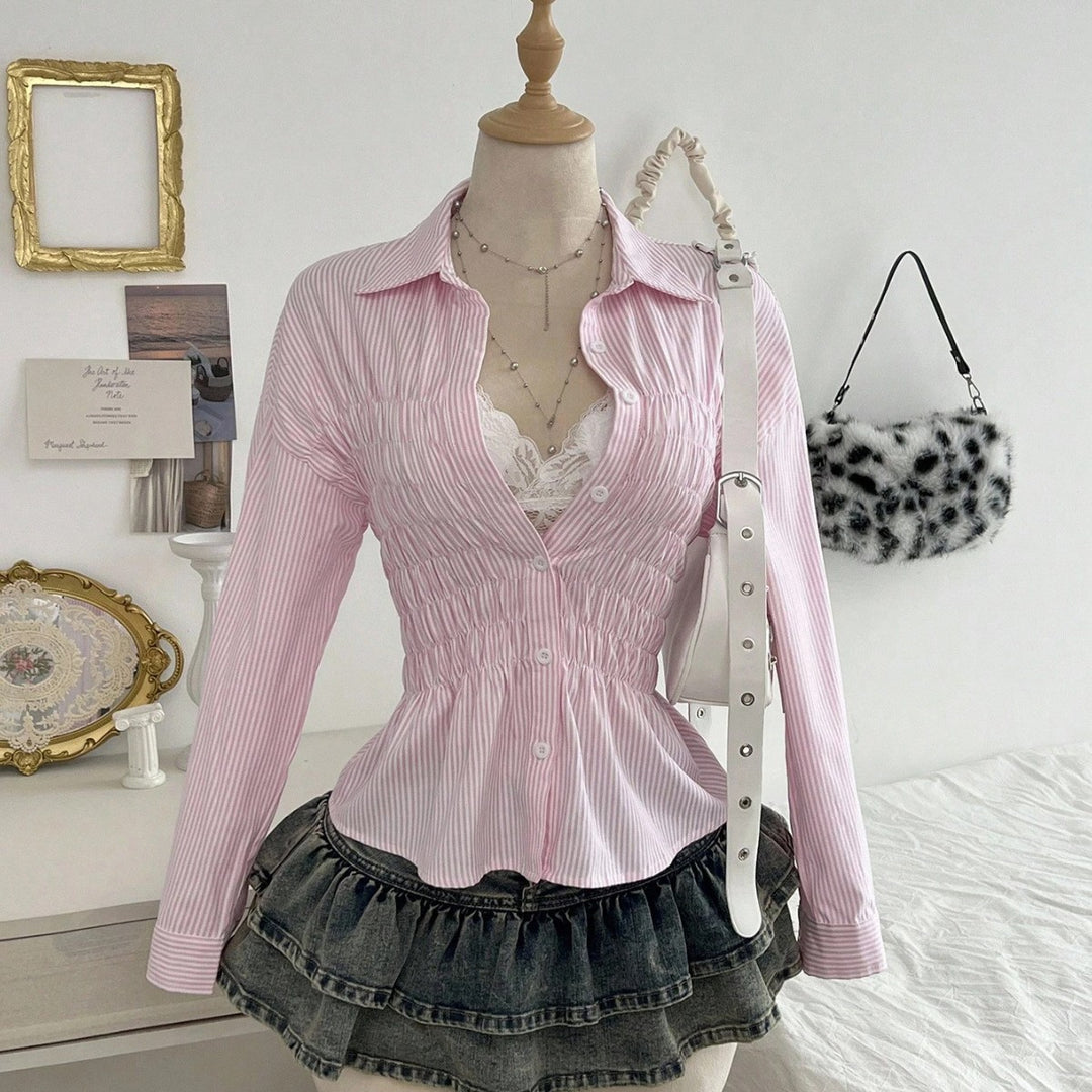 Women's tailored shirt blouse with gathered bust area and peplum Mune Fashion