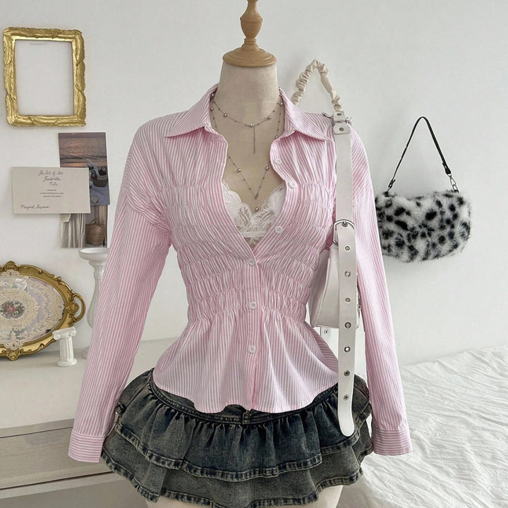 Women's tailored shirt blouse with gathered bust area and peplum Mune Fashion