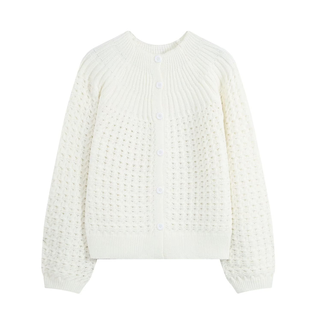 Women's structured cardigan with round yoke, textured stitch pattern and button placket Mune Fashion