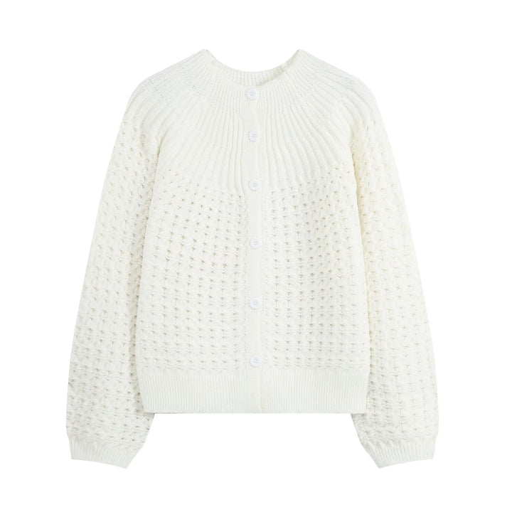 Women's structured cardigan with round yoke, textured stitch pattern and button placket Mune Fashion