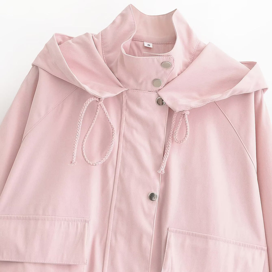 Women's Short Water-Repellent Hooded Jacket with Drawstring, Snap Button Placket, and Flap Pockets Mune Fashion