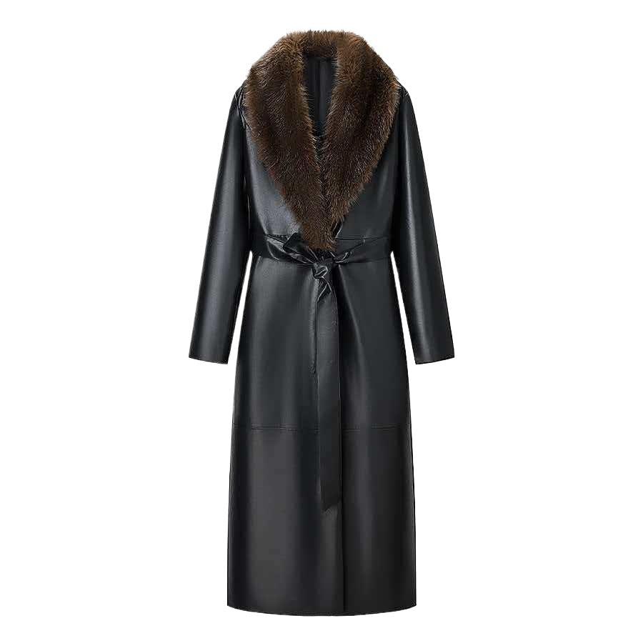 Women Long Leather Coat with Removable Fur Collar and Minimalist Silhouette Mune Fashion