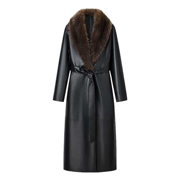 Women Long Leather Coat with Removable Fur Collar and Minimalist Silhouette Mune Fashion