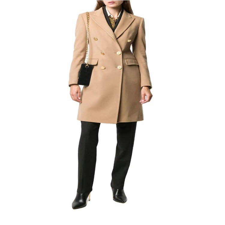 Ladies Knee-Length Double-Breasted Wool Blend Coat with Textured Lapels and Flap Pockets Mune Fashion