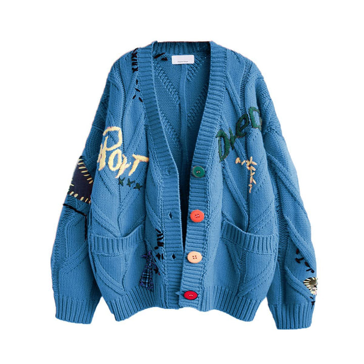 Women's Stylish Knitted Cardigan with Colorful Buttons and Elaborate Design