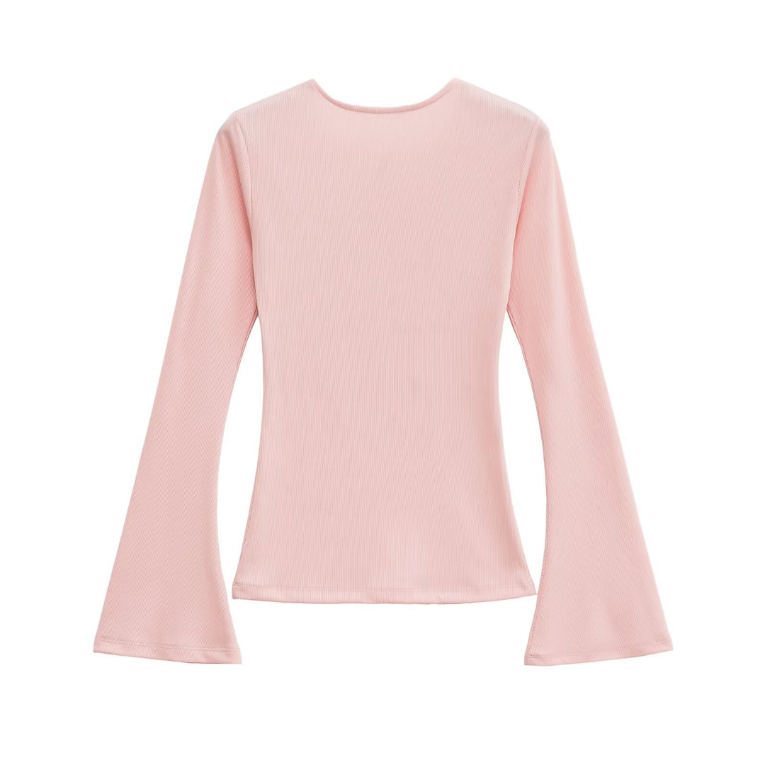 Women's Figure-Hugging Ribbed Shirt with Off-the-Shoulder Neckline and Flared Bell Sleeves Mune Fashion