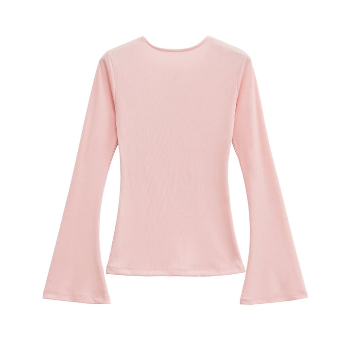 Women's Figure-Hugging Ribbed Shirt with Off-the-Shoulder Neckline and Flared Bell Sleeves Mune Fashion