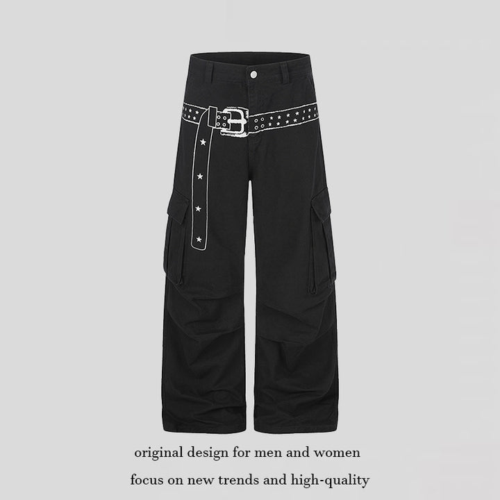 Women's cargo palazzo pants made of cotton blend with wide legs, patch flap pockets and belt print Mune Fashion