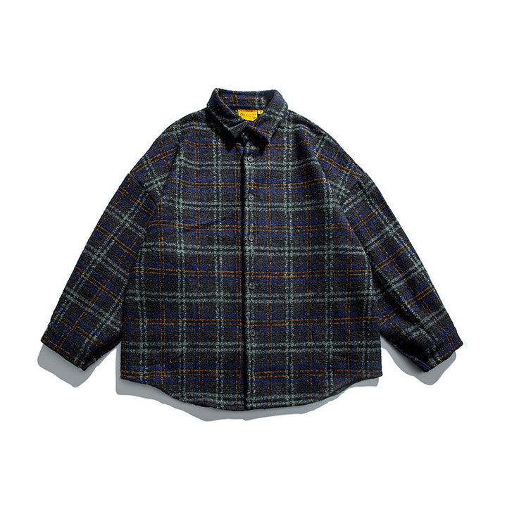 Unisex Boucle Check Shirt Jacket with Quilted Lining, Rounded Hem and Shirt Collar Mune Fashion
