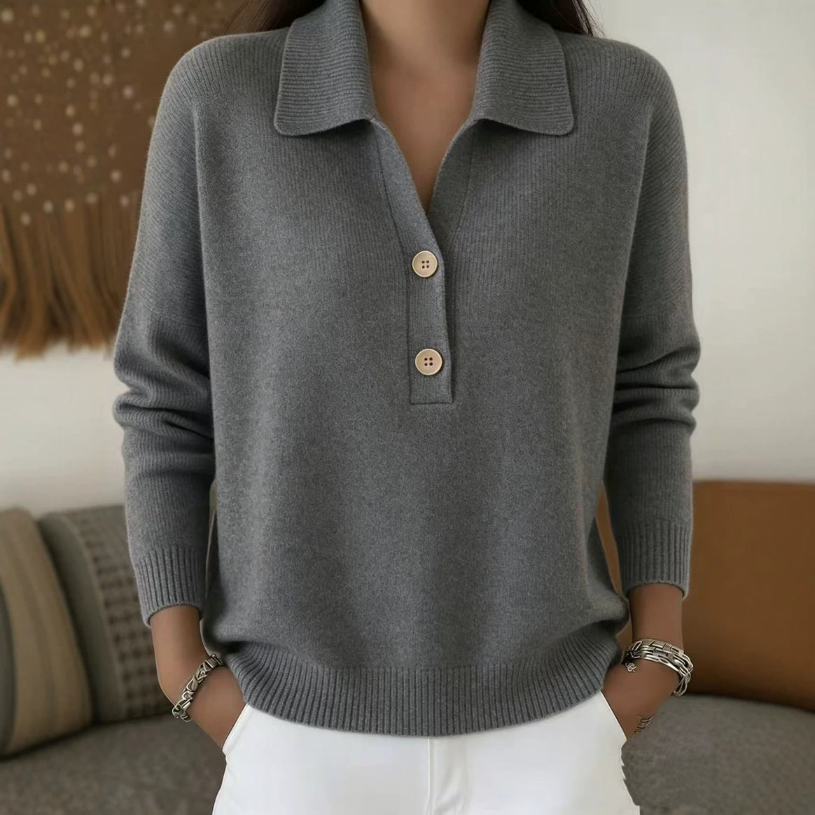 Women's casual fine knit polo collar sweater with two-button placket Mune Fashion