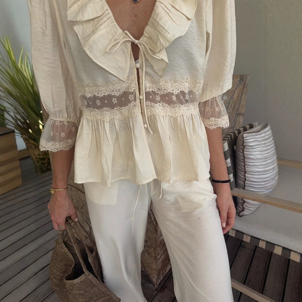 Women Romantic Linen Blouse with Ruffles, Lace Inserts & Cord Closure Mune Fashion