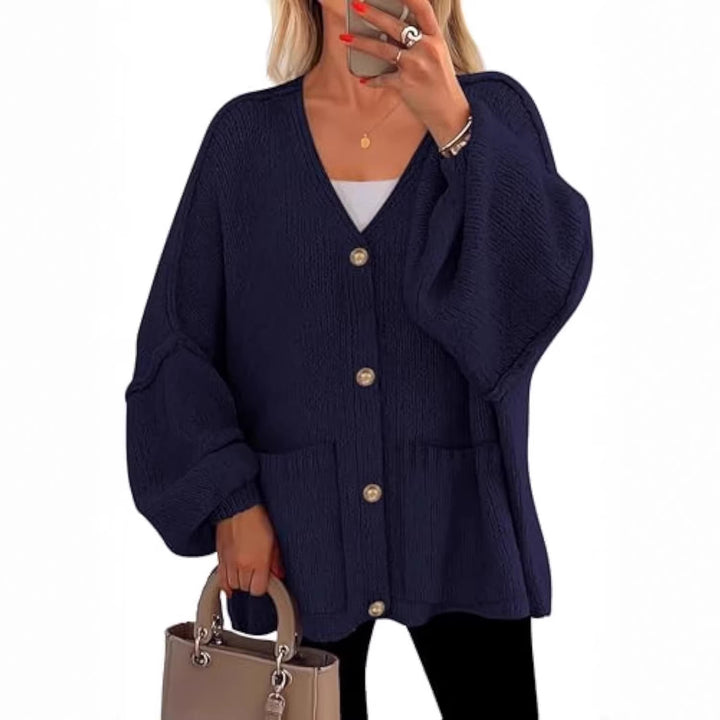 Women Oversized Knit Cardigan with V-Neck, Golden Decorative Buttons and Patch Pockets Drune