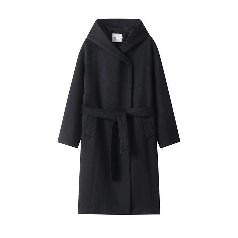 Women's Maxi Coat with Oversized Hood, Tie Belt and Minimalist Wool Blend Silhouette Mune Fashion