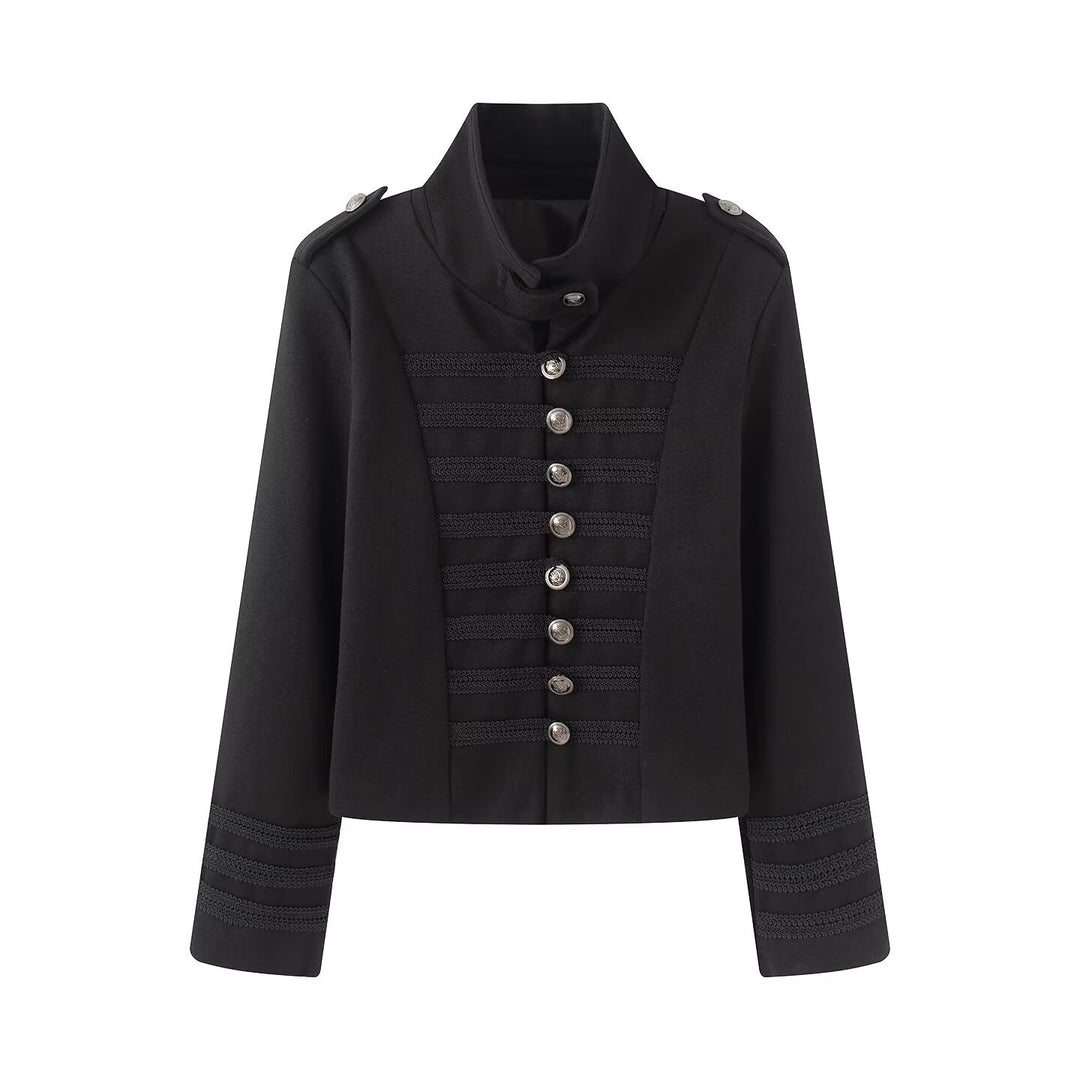 Ladies Short Military Inspired Blouson with Stand-up Collar Decorative Cords and Metal Button Placket Drune