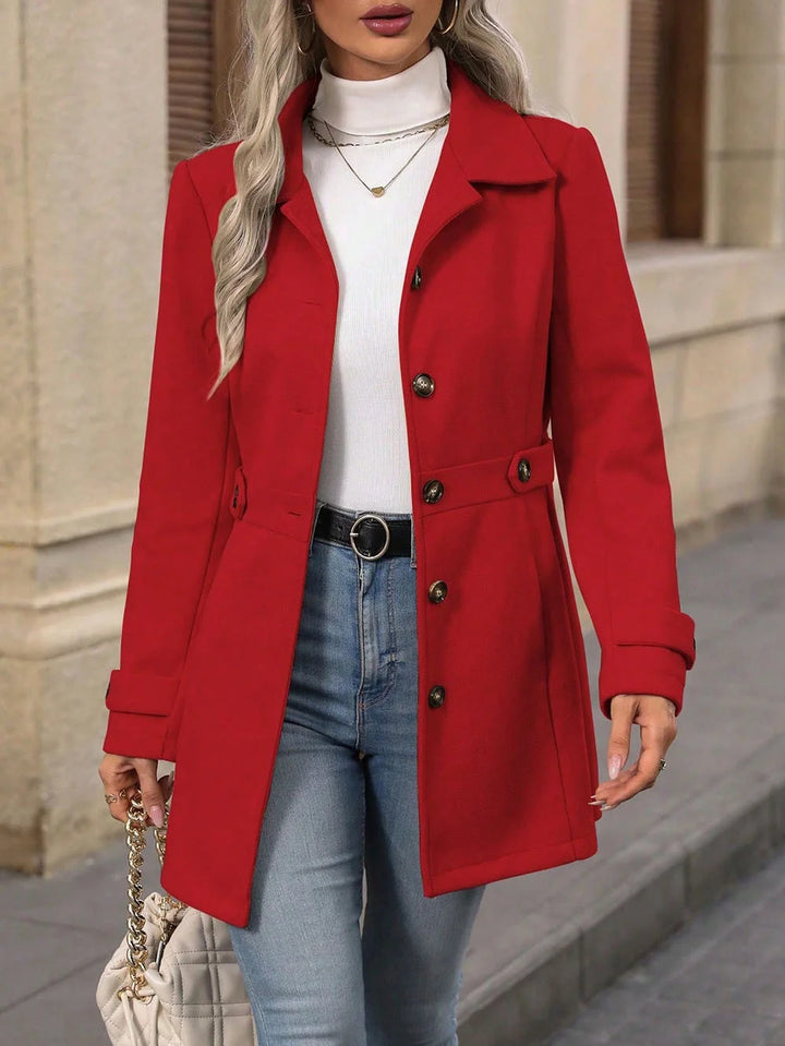 Women's Tailored Short Coat with Button Placket and Decorative Belt Drune