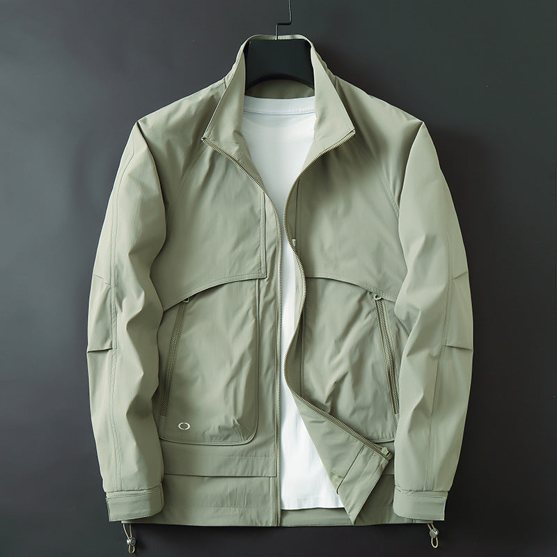 Men's lightweight technical transition jacket with stand-up collar, water-repellent ripstop look, and concealed zip pockets Mune Fashion