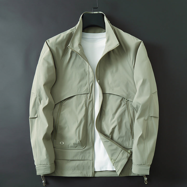 Men's lightweight technical transition jacket with stand-up collar, water-repellent ripstop look, and concealed zip pockets Mune Fashion
