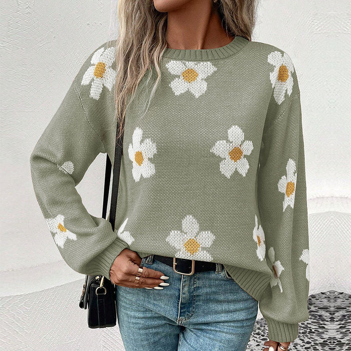 Women's Patterned Knit Sweater with Flower Motif Mune Fashion