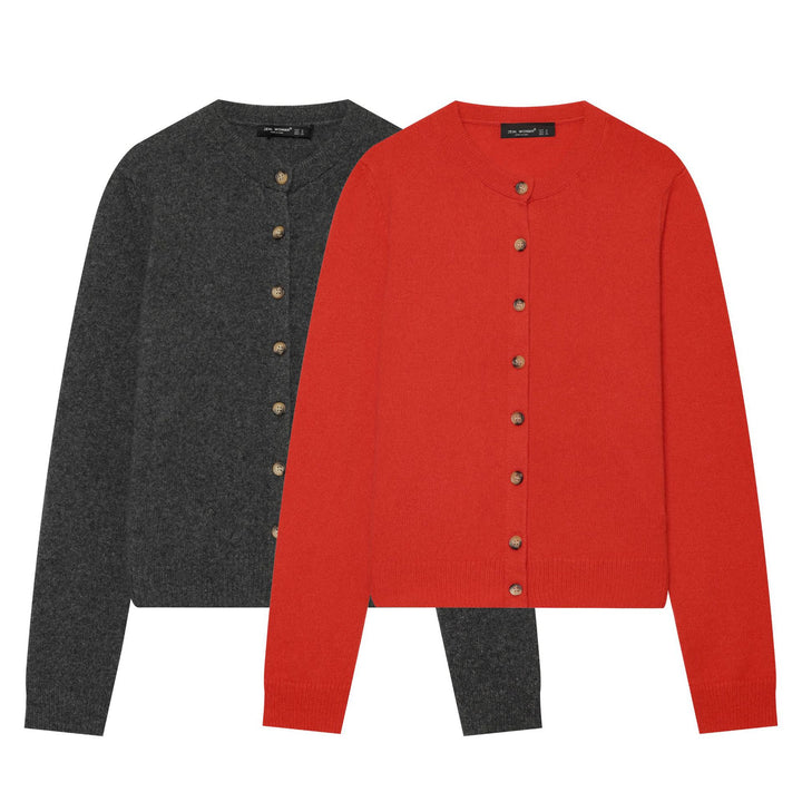 Ladies fine knit cardigan in cropped cut with round neck and wooden button placket Mune Fashion