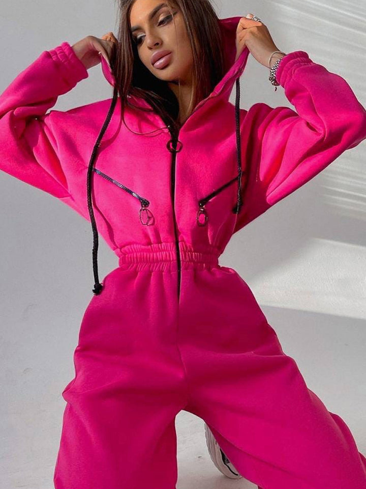 Ladies Tailored Hooded Sweat Jumpsuit with Zipper and Elastic Waistband Mune Fashion