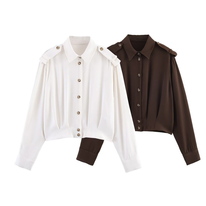 Women's Cropped Blouse with Epaulettes and Tailored Draping Mune Fashion