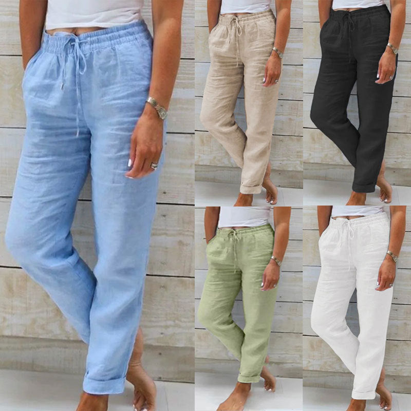 Women’s casual linen pants with elastic waistband and drawstring Mune Fashion