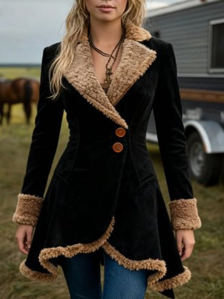 Women's Tailored Suede Coat with Lambskin-Look Lining and Flared Peplum Mune Fashion