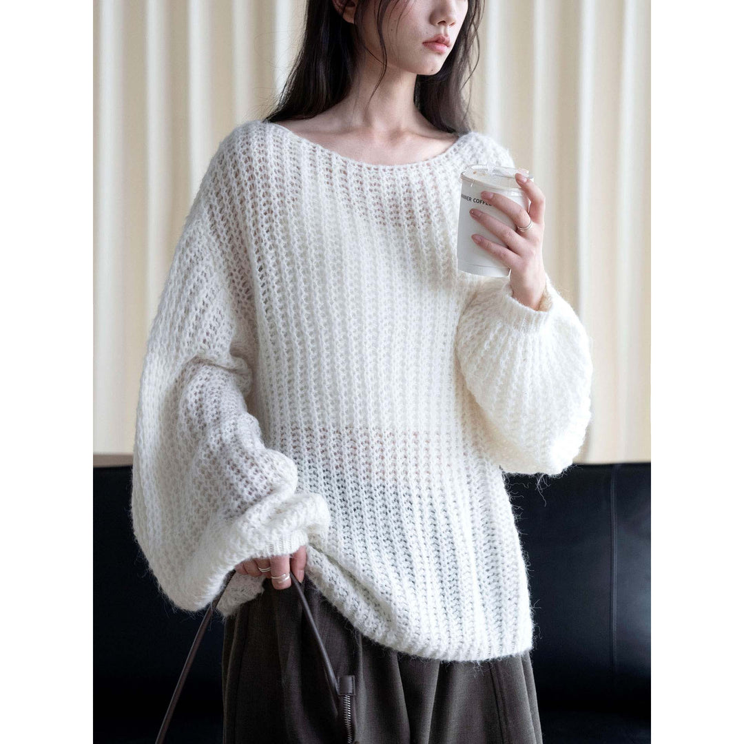 Women Oversize Chunky Knit Sweater with Boat Neck and Cozy Mohair Look Mune Fashion