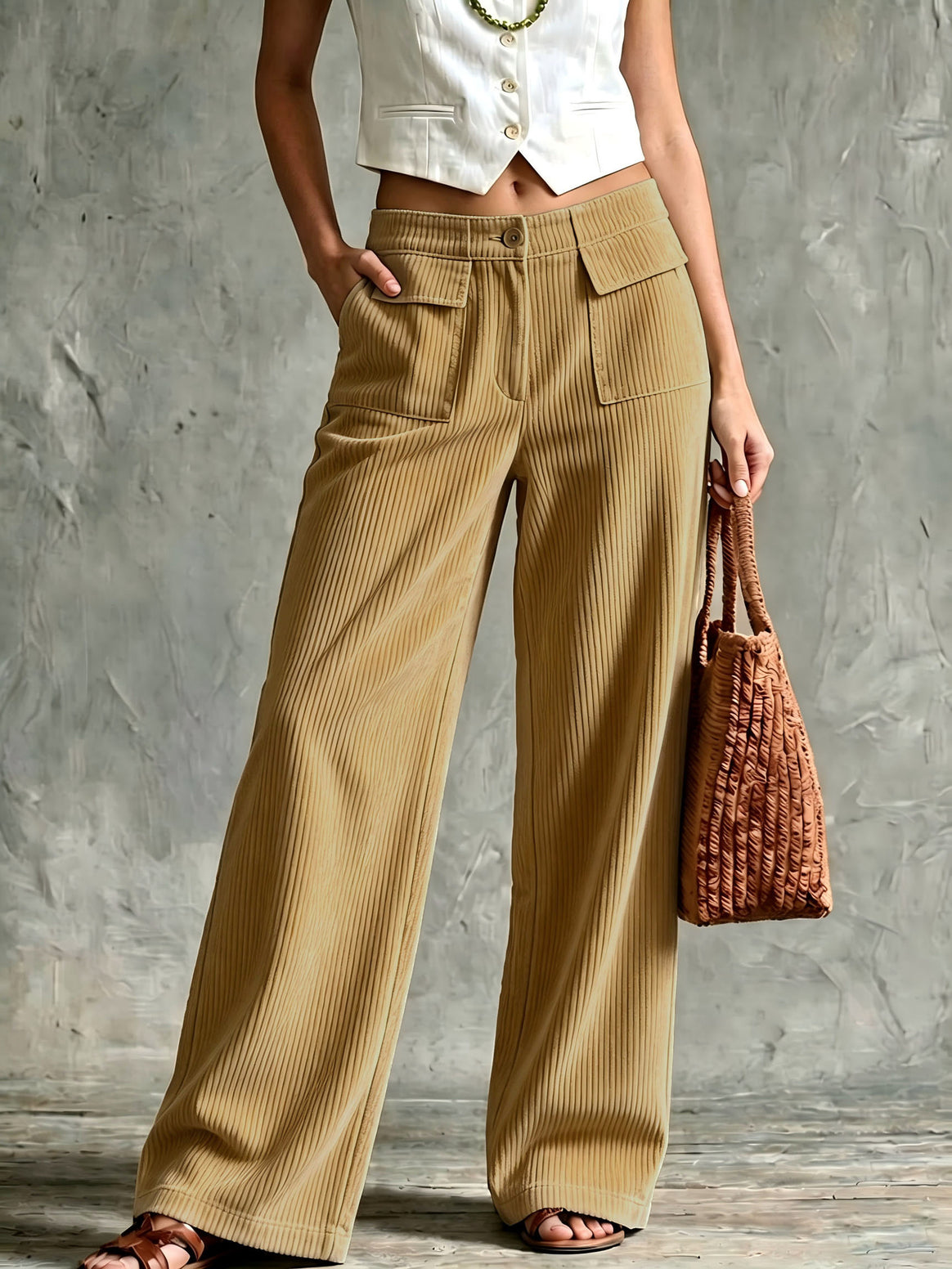 Women's Wide Cord Palazzo Pants with High Waist and Flap Pockets Mune Fashion