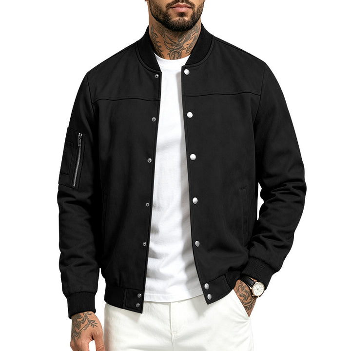 Men's Suede-Look Bomber Jacket with Snap Button Placket, Arm Pocket and Ribbed Cuffs Mune Fashion