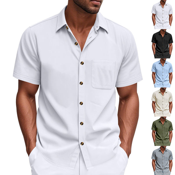 Men's short-sleeve resort shirt made of linen blend with chest pocket and drawstring Bermuda Mune Fashion