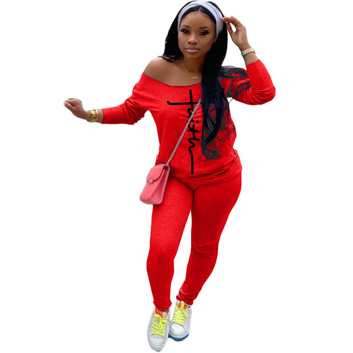 Women’s Casual Off-Shoulder Two-Piece Set with Figure-Hugging Leggings and Oversize Shirt