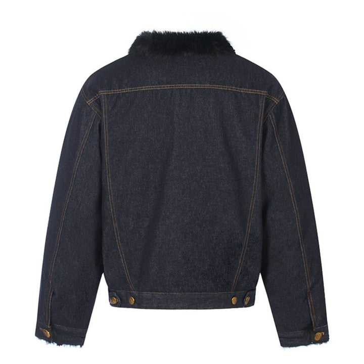 Women's padded denim jacket with faux fur collar, teddy lining and gold button details Mune Fashion