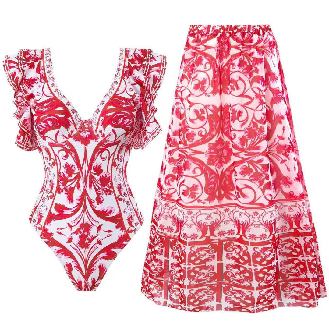 Ladies swimsuit set with voluminous ruffle design and floral wrap skirt Mune Fashion