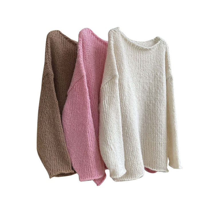 Ladies chunky knit oversized sweater with crew neck and extended hem Mune Fashion