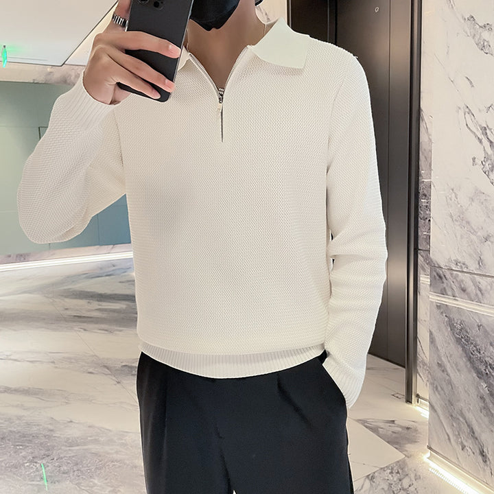 Men's Structured Half-Zip Knit Polo Sweater with Zipper Collar Mune Fashion