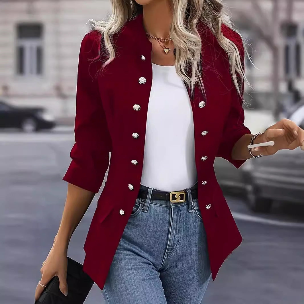 Ladies nan tailored long blazer with standing collar, decorative metal button strip and 3/4 sleeves Mune Fashion