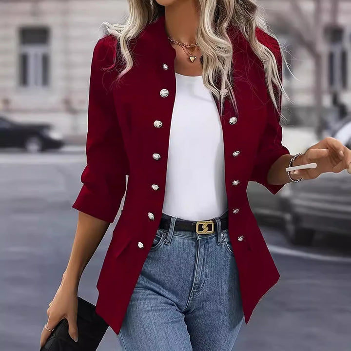 Ladies nan tailored long blazer with standing collar, decorative metal button strip and 3/4 sleeves Mune Fashion